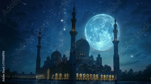 A grand mosque lit up by the full moon, with believers arriving for night prayers, their silhouettes forming a peaceful procession under the starry night sky. © Riz