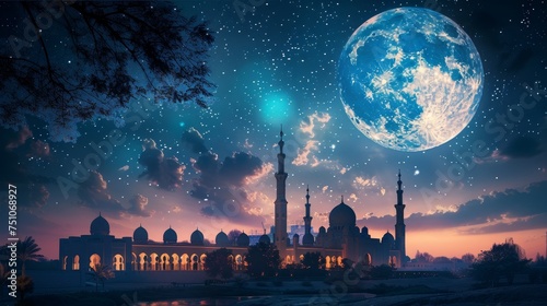 A grand mosque lit up by the full moon, with believers arriving for night prayers, their silhouettes forming a peaceful procession under the starry night sky. photo