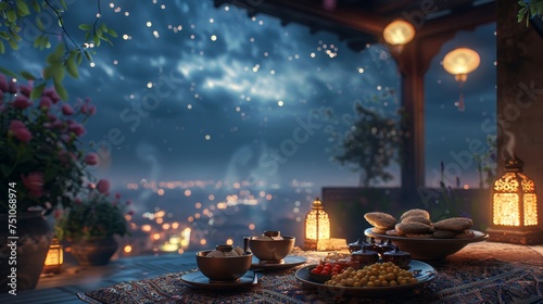 An early morning Suhoor scene on a rooftop  overlooking a sleeping city  with a small  cozy setup of traditional foods and tea  under a starry sky.