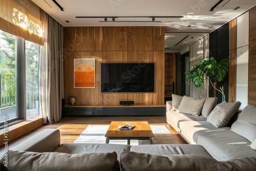 Luxury wall living room, modern flat television on brown wood panel wall, leather sofa, mid century style shelf in sunlight from window for interior design background, tv screen with decoration