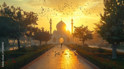 A serene mosque garden at sunrise, with birds flying overhead, and the faithful arriving for Fajr prayers, the atmosphere imbued with peace and contemplation.