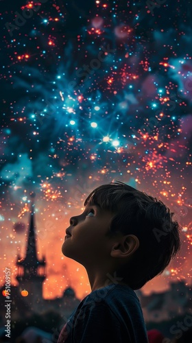 A child's gaze, wide with wonder, at a sky filled with fireworks celebrating Eid al-Fitr, marking the end of Ramadan, with the silhouette of a mosque in the distance.