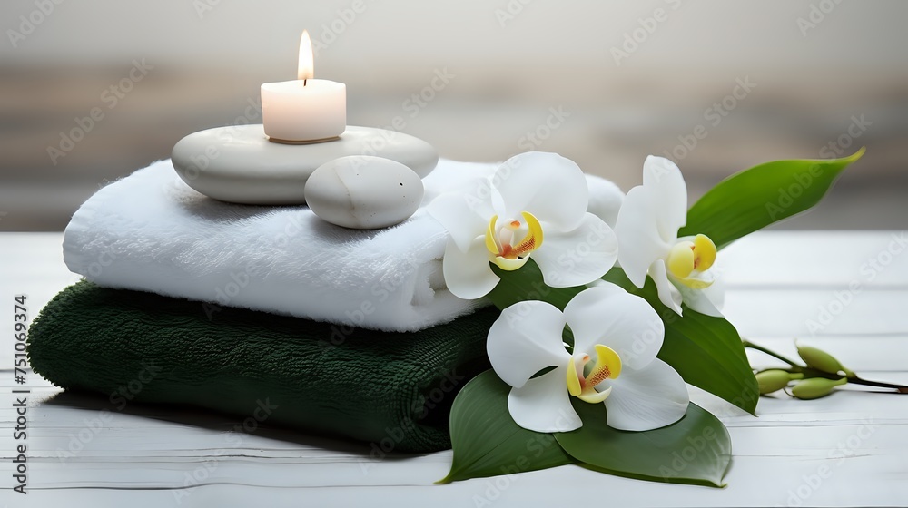 A white orchid flower and a lit candle on top