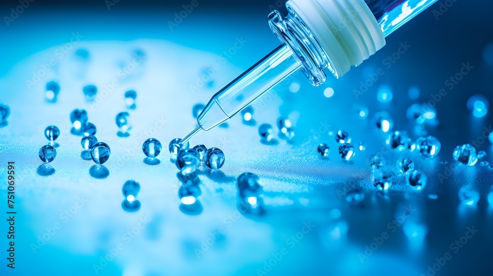 Close-up of a dropper dispensing clear liquid onto a reflective Close-up of a dropper dispensing clear liquid onto a reflective