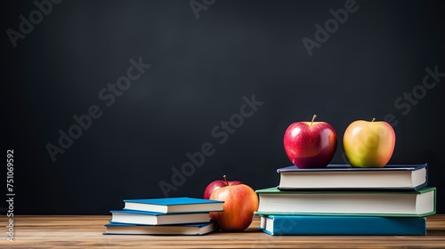 Knowledge is power. A stack of books and apples on a wooden tabl photo