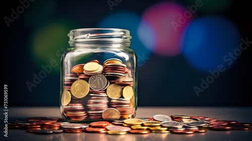  A glass jar filled with pennies sits on a table.  In the backgr photo