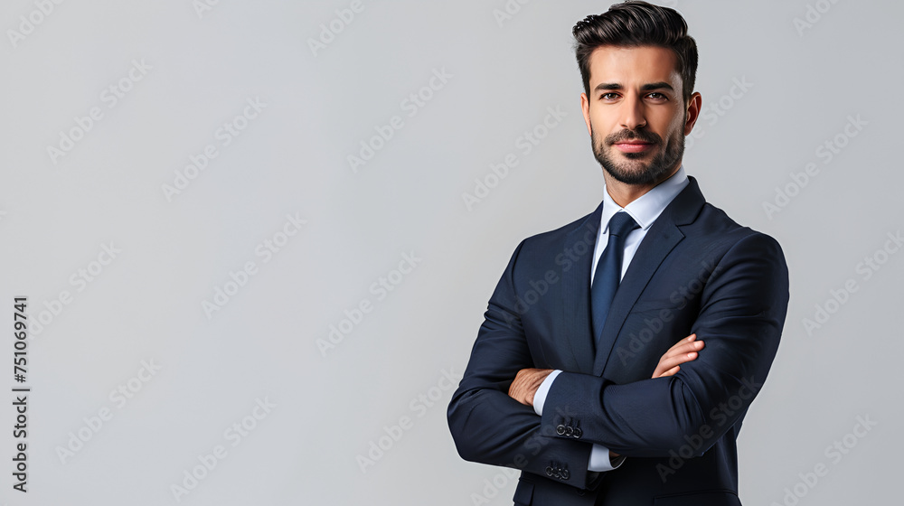 A businessman is standing with an elegant and charming face, the man is standing on the right of the frame, an empty space on the left is used to write text for photo editing A businessman is standing with an elegant and charming face, the man is standing on the right of the frame, an empty space on the left is used to write text for photo editing
