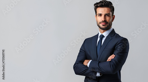 A businessman is standing with an elegant and charming face, the man is standing on the right of the frame, an empty space on the left is used to write text for photo editing