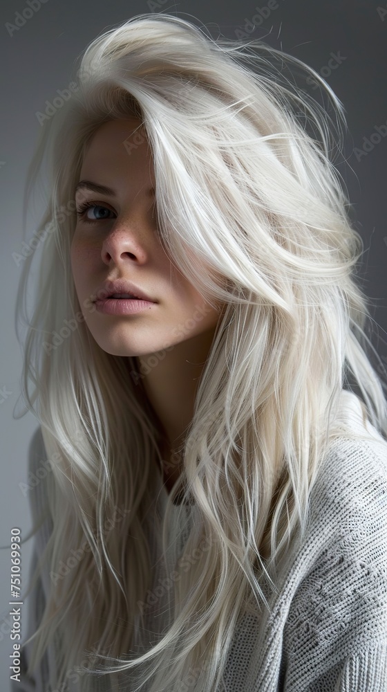 Close-up of a woman with a blonde hairstyle in a long bob cut style with a touch of boldness. Creative and attractive blonde hairstyle in a modern and stylish trend. Close-up of a woman with a blonde hairstyle in a long bob cut style with a touch of boldness. Creative and attractive blonde hairstyle in a modern and stylish trend.