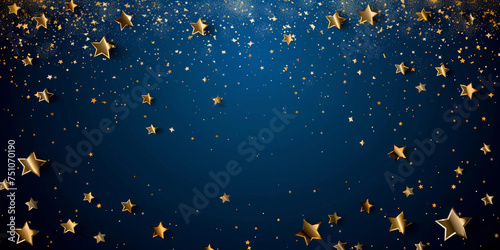 gold stars decorations on blue background, new year festive, christmas banner. empty space for text