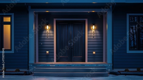 Dark Blue House With Two Front Door Lights