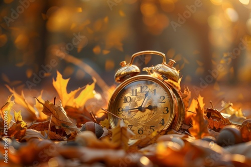 Alarm Clock on Pile of Leaves