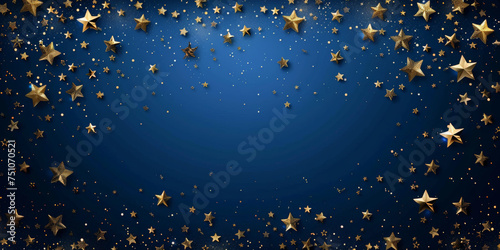  gold stars decorations on blue background, new year festive, christmas banner. empty space for text