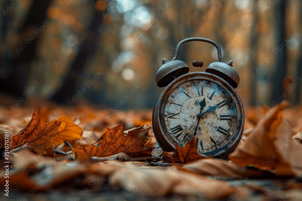 Alarm Clock Amidst Autumn Leaves