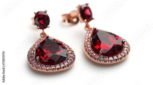 Luxury ruby earrings jewelry, decorated around the diamond. isolated on white background. generative ai