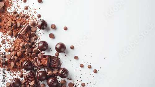 Chocolates ao leite, trufas e gotas de chocolate dispersos com cacau em pó, sobre fundo claro.