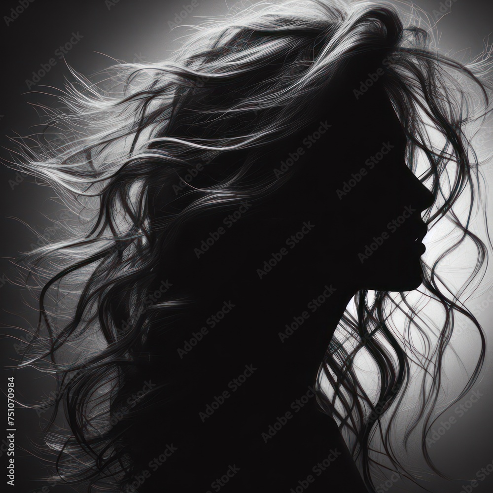 the silhouette of a woman and her long hair, backlit effect the silhouette of a woman and her long hair, backlit effect