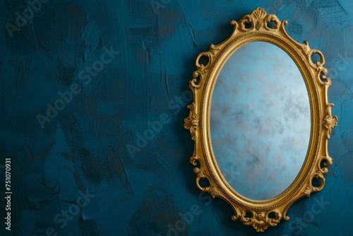 Gold Framed Mirror on Blue Wall © Ilugram
