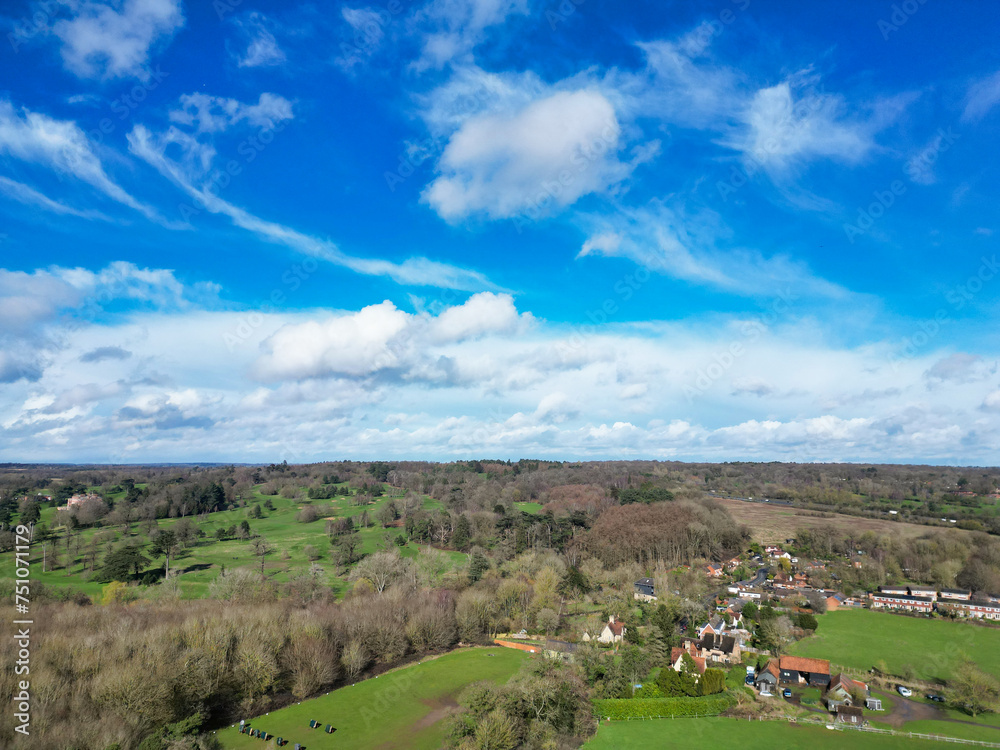 High Angle View of British Countryside Landscape During Partly Cloudy Day Near Welwyn Garden City of England UK 