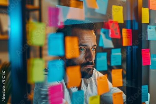 Man Examining Mirror Covered in Sticky Notes