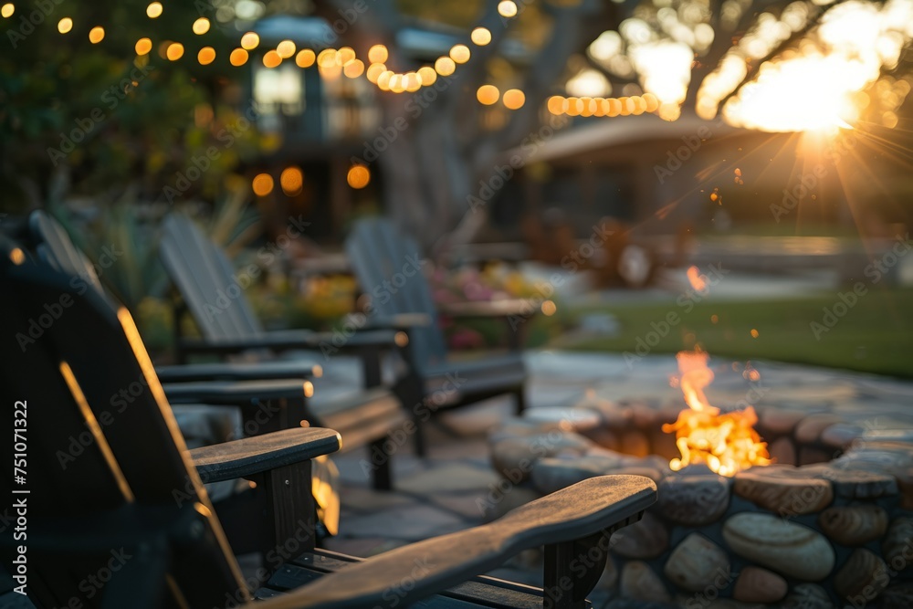 Fire Pit Gathering With Lawn Chairs and Lights