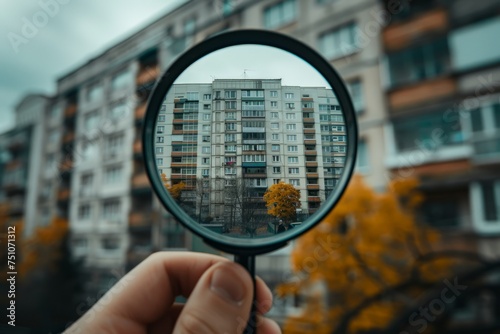 Hand Holding Magnifying Glass With Building Background