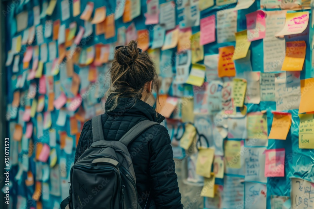 Woman Standing in Front of Wall With Sticky Notes
