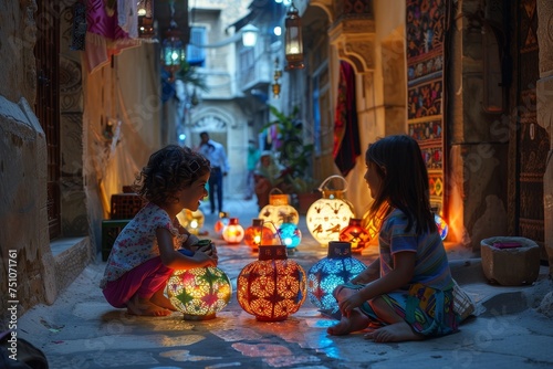 Children playing with colorful Ramadan lanterns in an old city alley, their laughter echoing, the walls adorned with intricate Islamic art, as twilight sets in.