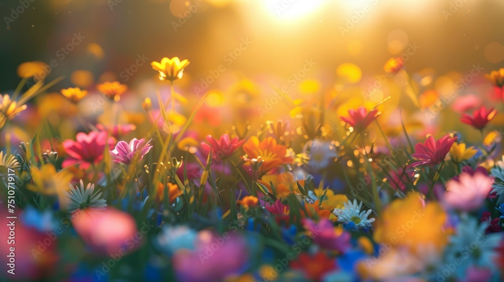 Colorful Flowers Field at Sunset