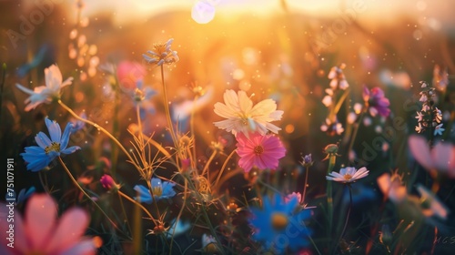 Colorful Flowers Blooming in Grass © Ilugram