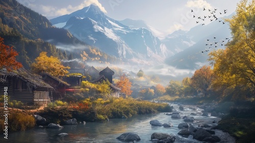 A mesmerizing snapshot capturing the tranquility of streams meandering through remote mountain villages, surrounded by nature's vibrant palette, and adorned by the graceful flight of birds.