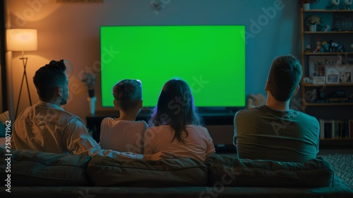 Family Watching Green Screen TV