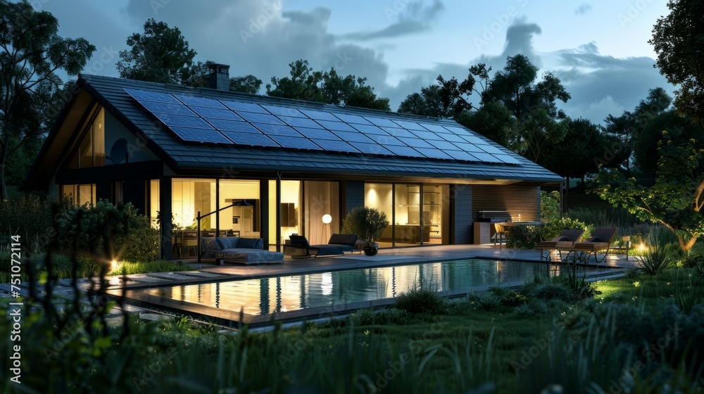 Modern House With Solar Panel on Roof