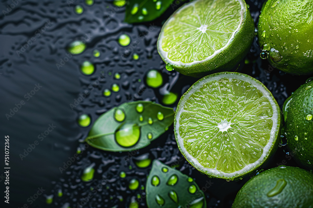 Seedless lemon lime, cut green lemon on black background Seedless lemon lime, cut green lemon on black background
