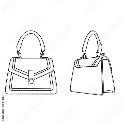 Women's handbags. Top handle bag flat sketch fashion illustration drawing template mock-up,  front, back, and side view. Isolated on a white background.