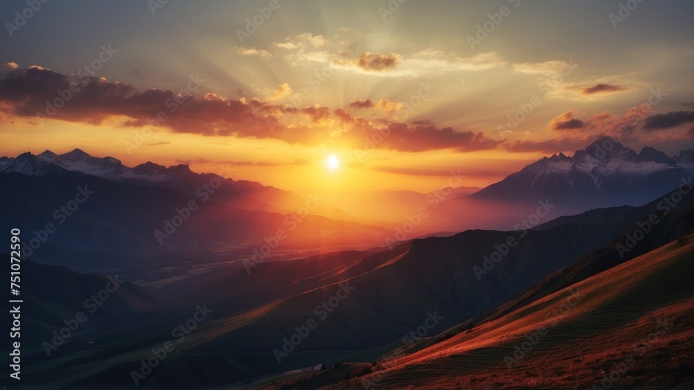 Capture the breathtaking moment as the sun sets behind the distant mountains, colors of the sky and the sense of peace