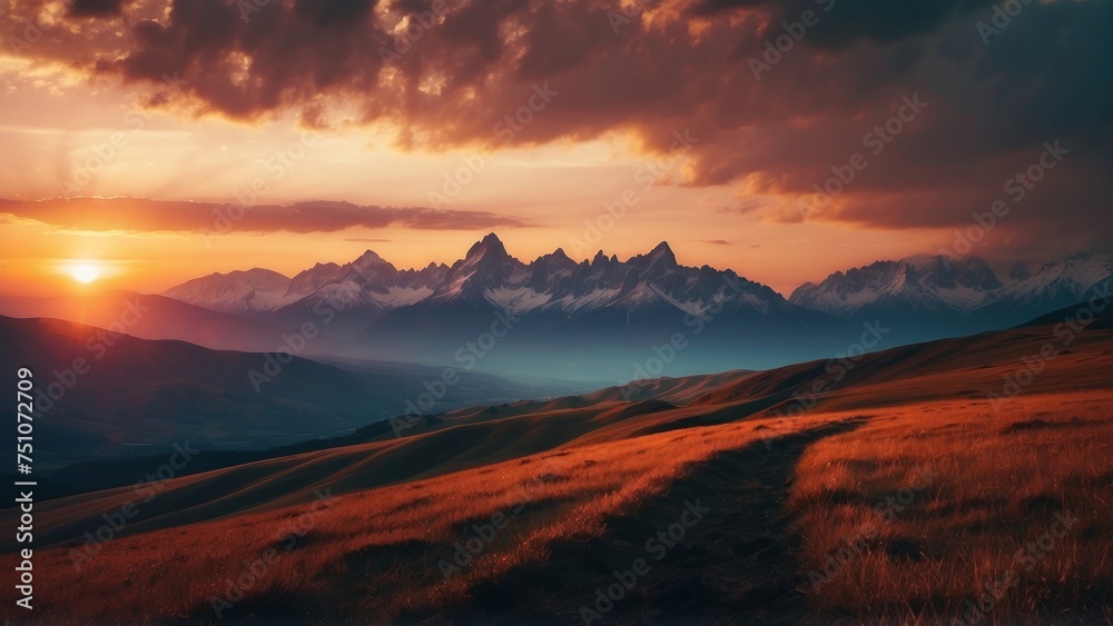 Capture the breathtaking moment as the sun sets behind the distant mountains, colors of the sky and the sense of peace