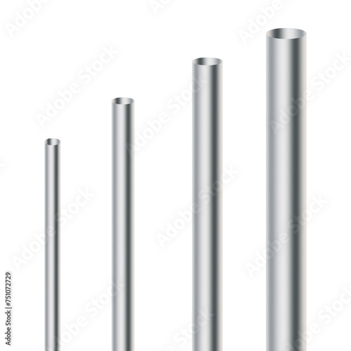 Vertical metallic poles with varying heights. Metallic poles gradient heights. Industrial silver cylinders. Reflective steel rods. Vector illustration. EPS 10.