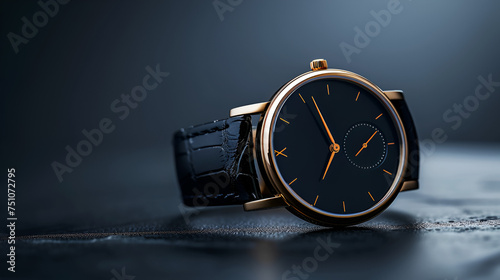 Luxury gold men's watch with a black strap and a dark dial on a dark background.. generative ai