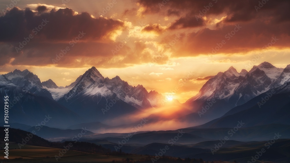 Capture the breathtaking moment as the sun sets behind the distant mountains, colors of the sky and the sense of peace