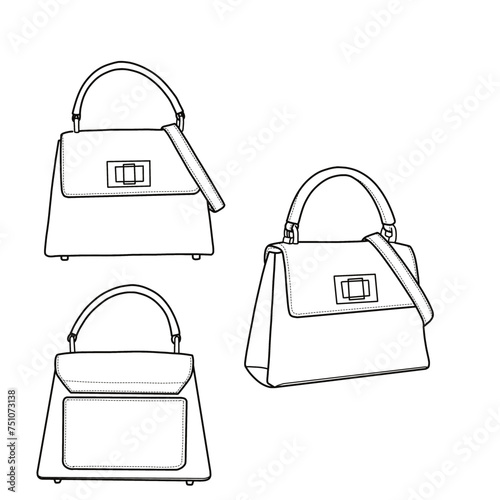 Women's sling bag. Top handle bag flat sketch fashion illustration drawing template mock-up. Front, back, and side view.