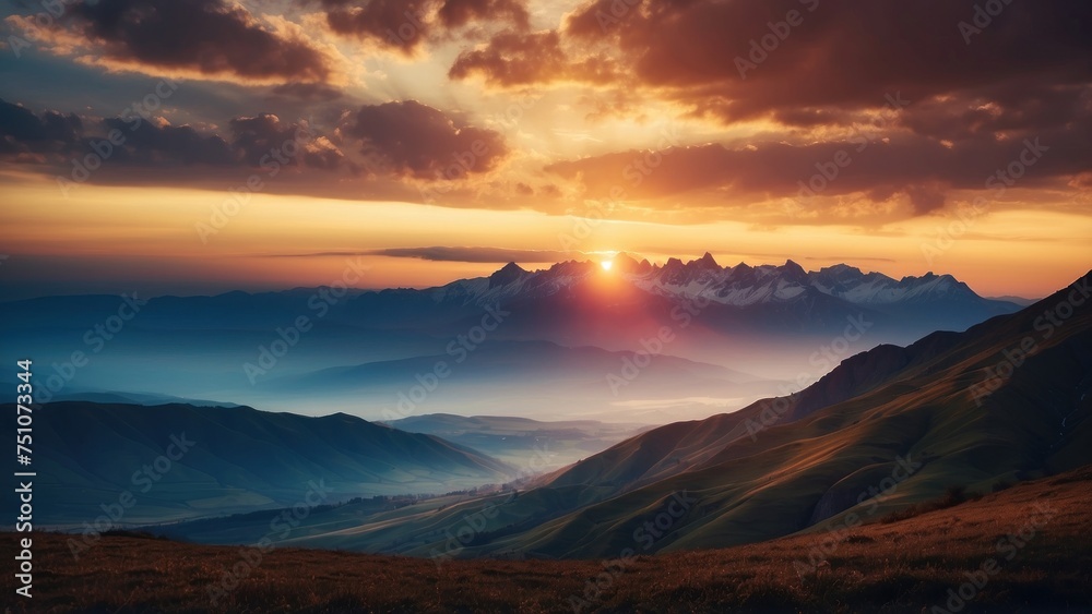 Capture the breathtaking moment as the sun sets behind the distant mountains, colors of the sky and the sense of peace