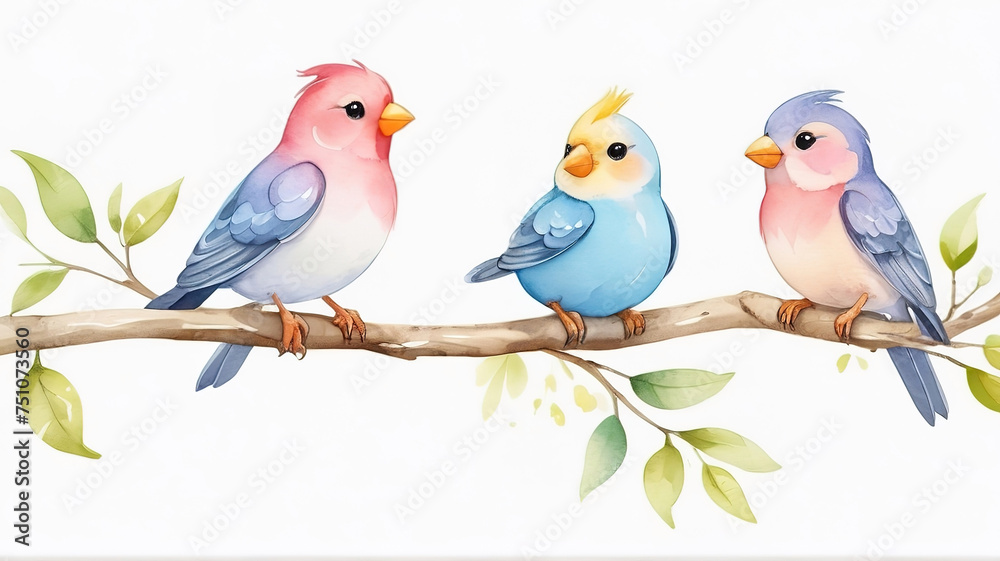 Watercolor birds on a branch isolated on white background. Vector illustration.