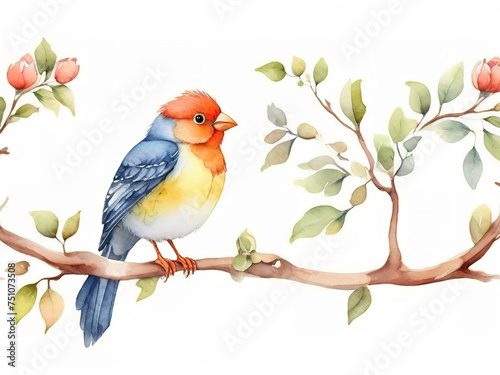 Watercolor bird on a branch with flowers. Watercolor illustration.