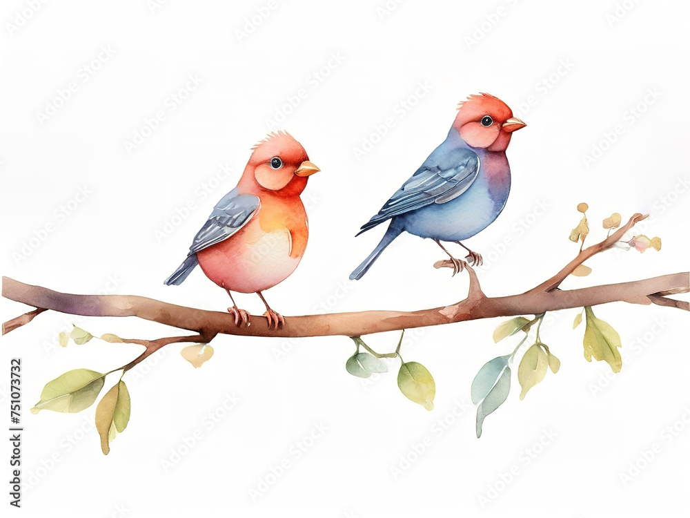 Two birds on a branch. Watercolor illustration isolated on white background