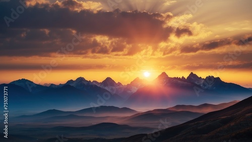 Capture the breathtaking moment as the sun sets behind the distant mountains  colors of the sky and the sense of peace