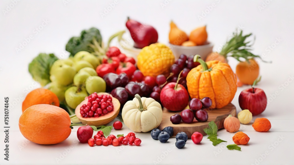 Assortment of fresh fruits and vegetables on white wooden table, closeup