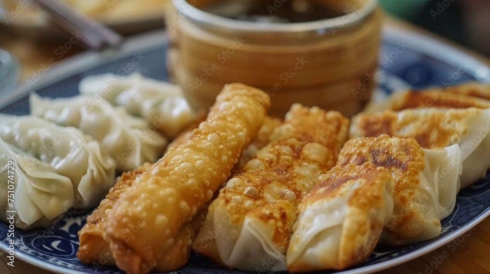 A plate of crispy fried spring rolls and steaming hot potstickers both popular dishes enjoyed during Chinese New Year celebrations. A plate of crispy fried spring rolls and steaming hot potstickers both popular dishes enjoyed during Chinese New Year celebrations.