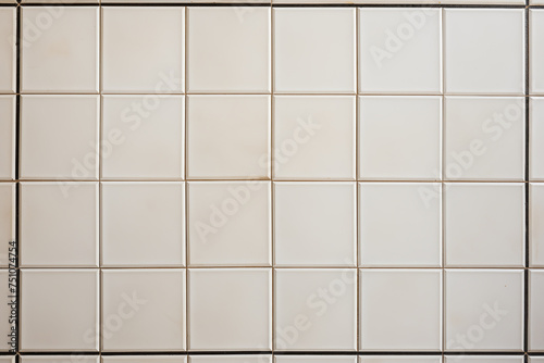 Close-up details, a square tiled wall with a grid pattern in monochrome hues, showcasing symmetry and parallel lines. Wall of small tiles.