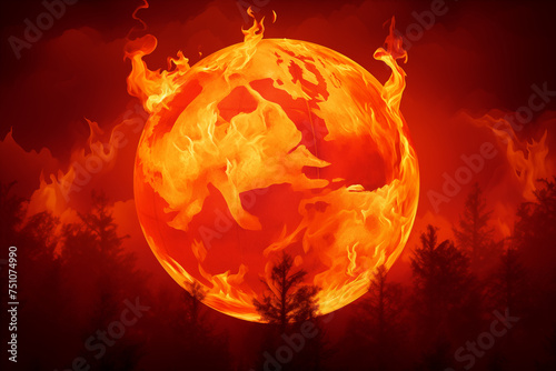 Earth Day poster illustrating risks of wildfires, common now because of climate change and global warming. Earth on fire. Illustration for environmental awareness